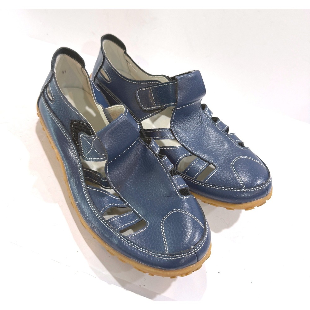 Blue Leather Fisherman Sandals Caged Flat Walking Shoes Contrast Stitch Size 41